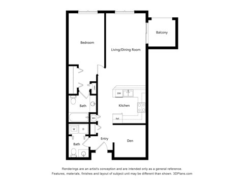 Floor plan for 1 bed, 1.5 baths, 850 sqft